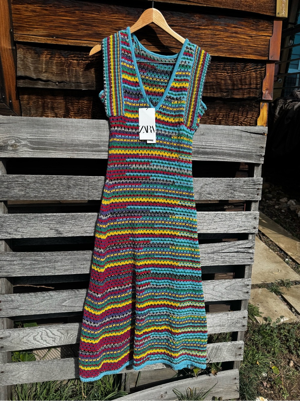 Zara Striped Crochet VβNeck Multicolor Dress